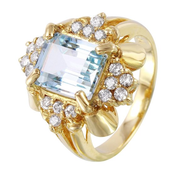 14KT Yellow Gold 4.20ctw Aquarmine Diamond Cocktail Ring Size 7 L1368